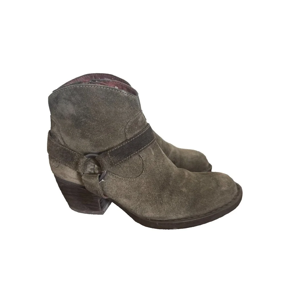 Born Suede Ankle Boots Olive Green Harness Western Boho Booties Womens 6 M